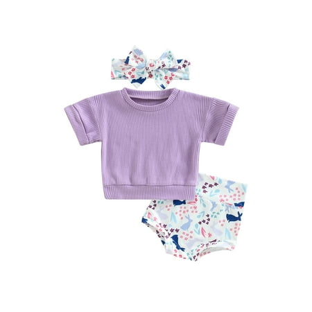 

Wassery Toddler Baby Girls Easter Outfits 3M 6M 12M 18M 24M 3T Infant Summer Clothes Short Sleeve T-shirt Top Elastic Bunny Print Shorts Headband Set