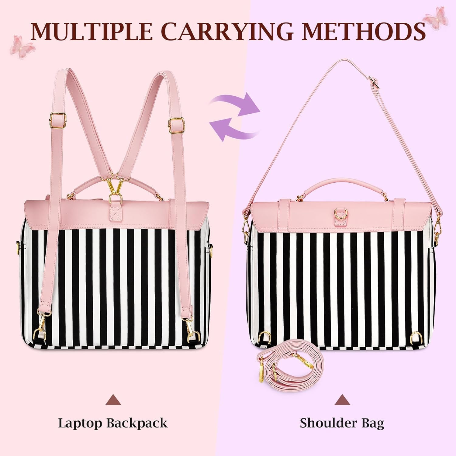 Matein 15.6inch Laptop Backpacks for Women, 3 in 1 Laptop Tote Bag with Bow for School and Work, Pink