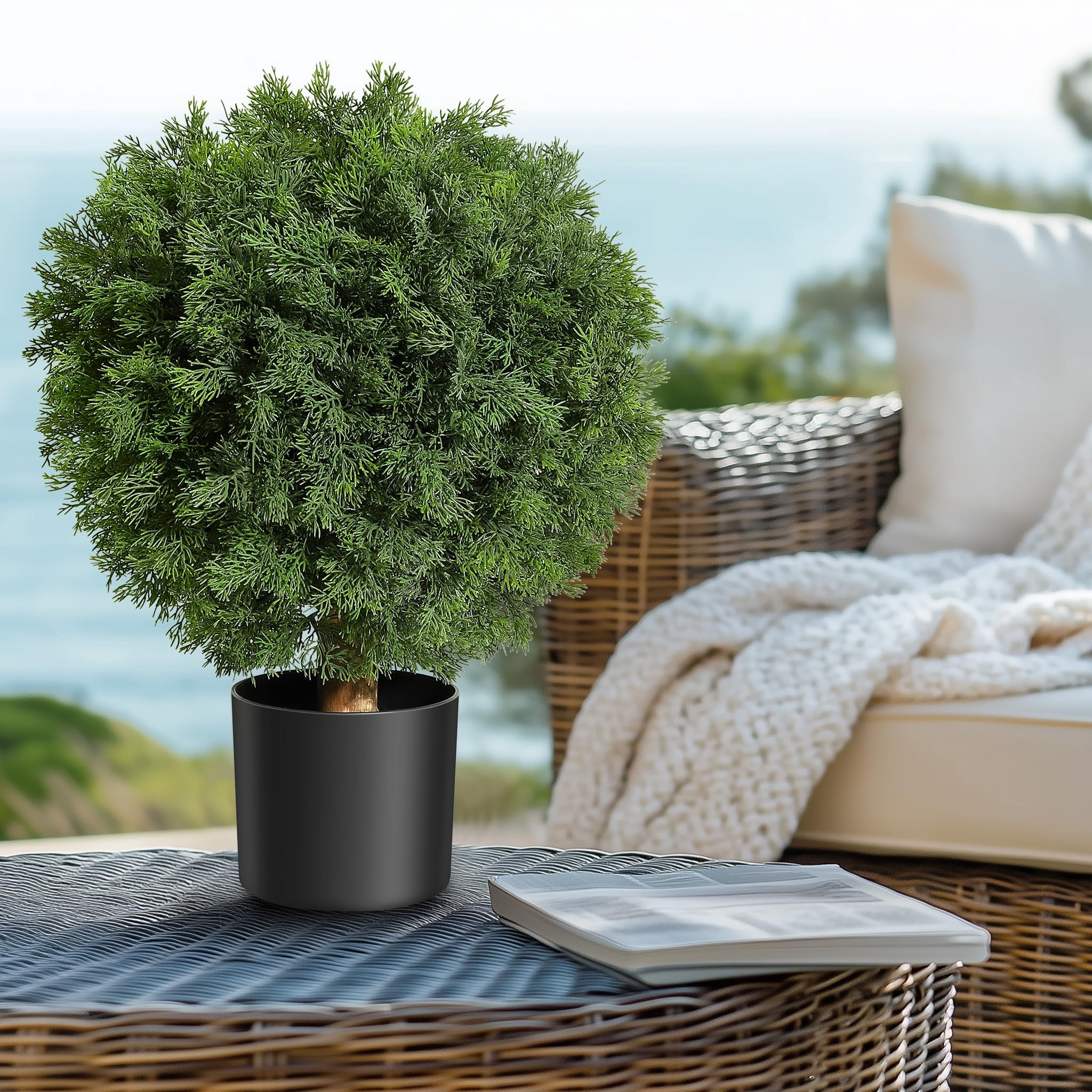 Artificial Topiary Cedar Ball Tree 2pcs，17 in UV Resistant Fake Potted Plants In Black Nursery Pot,Artificial Trees for Porch Home Decor Housewarming