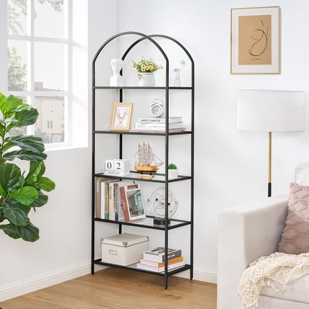 Arched Metal Bookshelf with Tempered Glass Shelves, 5-Tier Display Rack, Modern Style (Black, 11.8" D x 23.6" W x 62.2" H)