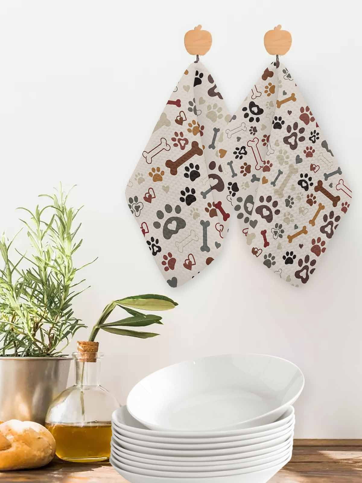 Dog Paw Dish Towels Set, Waffle Weave Kitchen Towels 3 Pieces, Vintage Farmhouse Dog Bones Love Heart Microfiber Hair Face Bath Tea Towel Absorbent Quick Drying Cleaning Dish Cloths 12"x12"
