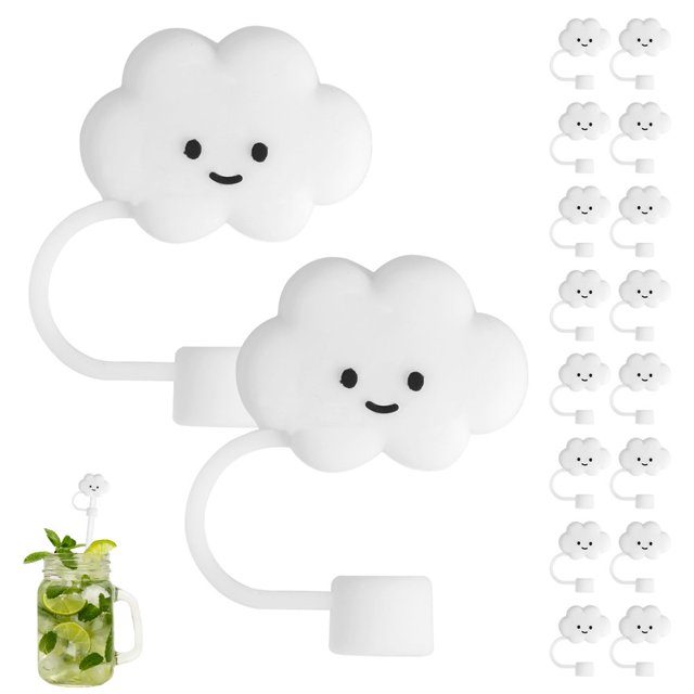 Silicone Straw Tips Covers 16Pcs Silicone Straw Tips Covers Reusable Straw Tips Lids Dust-Proof Straw Topper Lid Cute Cartoon Cloud Straw Tip Covers Creative Silicone Straw Covers Portabl