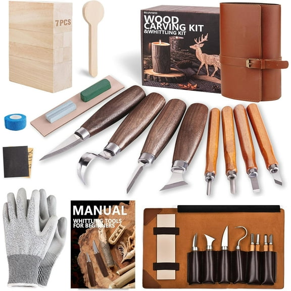 Wood Carving Kit Whittling Kit: Deluxe Wood Carving Tools Set with Leather Case - Wood Carving Knife with Basswood Blocks Woodworking Widdle Gift for Beginners Kids Adults Hobby
