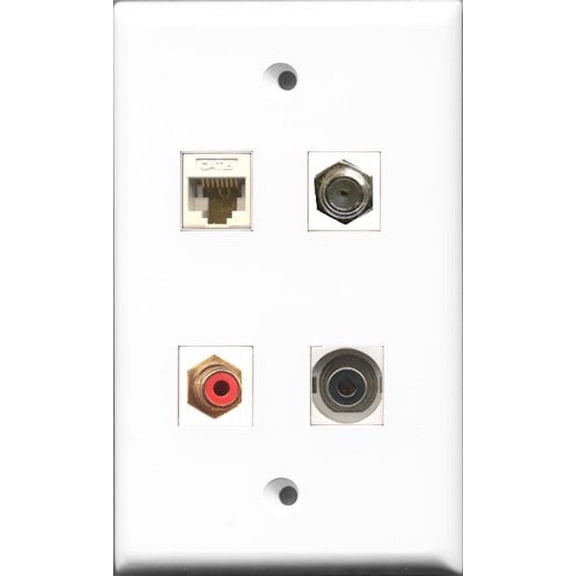 RiteAV 1 Port RCA Red and 1 Port Coax Cable TV- F-Type and 1 Port 3.5mm and 1 Port Cat6 Ethernet White Wall Plate