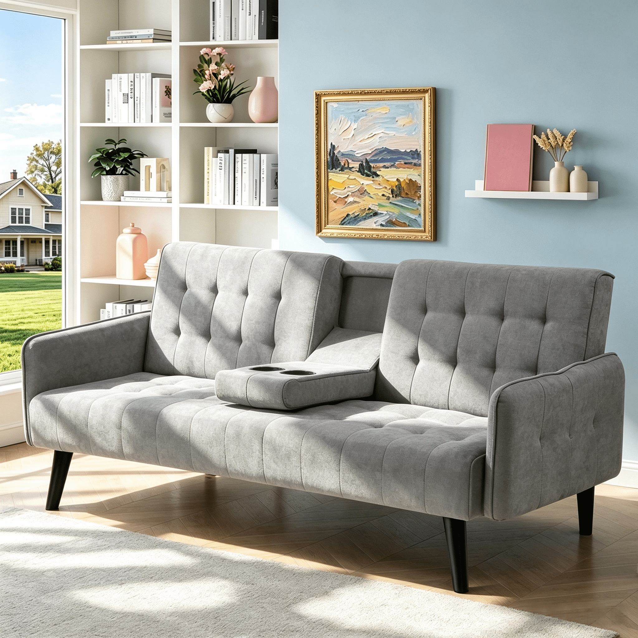 Gewnee 72" Sleeper Sofa Bed, Convertible Linen Futon Couch with Folding Backrest with Cup Holder,Modern Couch for Home and Guest Room，Gray