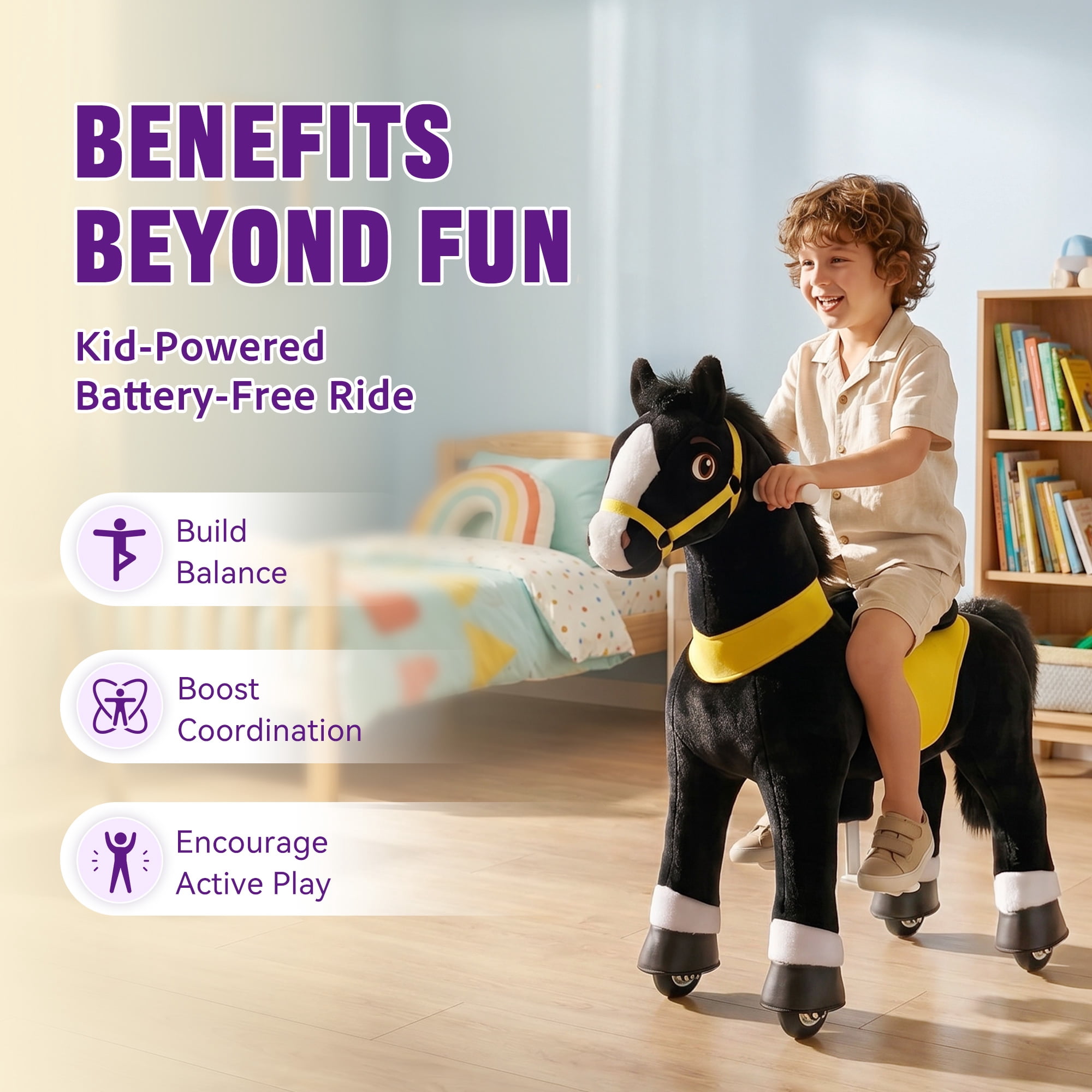 PonyCycle Kid-Powered Ride-On Horse Toy, No Battery, Hand Brake, Ages 4–7, Black, E438