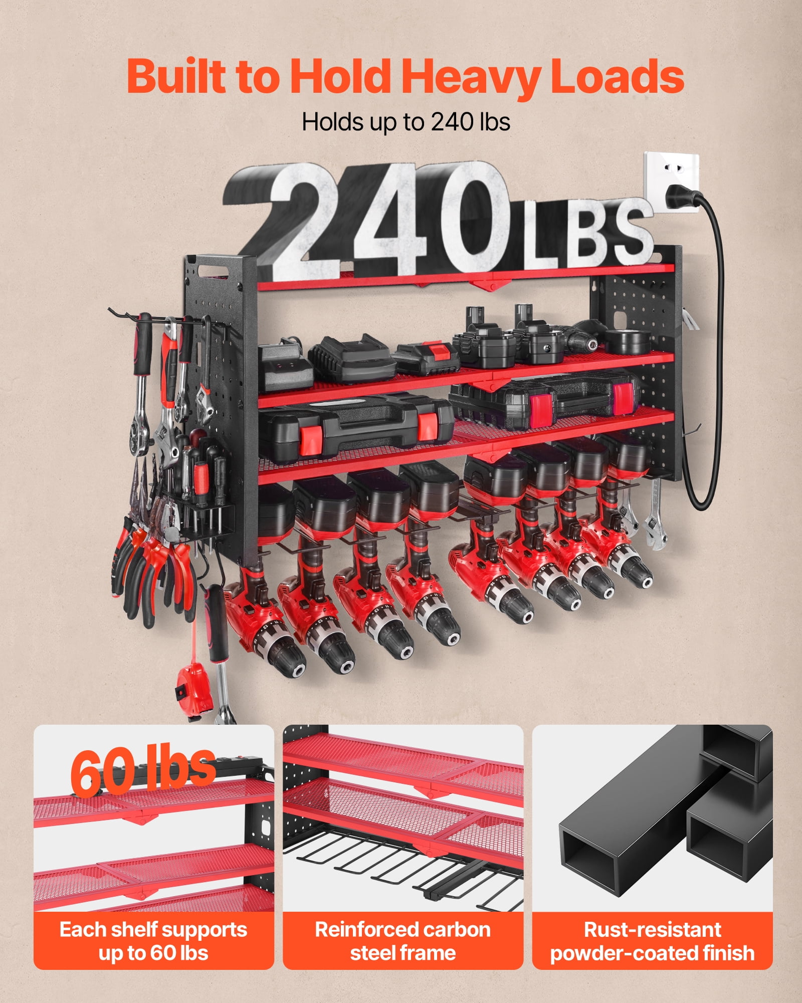 VEVOR Power Tool Organizer with Charging Station, 4-Layer Drill Storage Rack with 8 Drill Holders & Side Pegboard, Garage Tool Organizer Built in 8 Outlet Power Strips for Garage,Workbench,Workshop