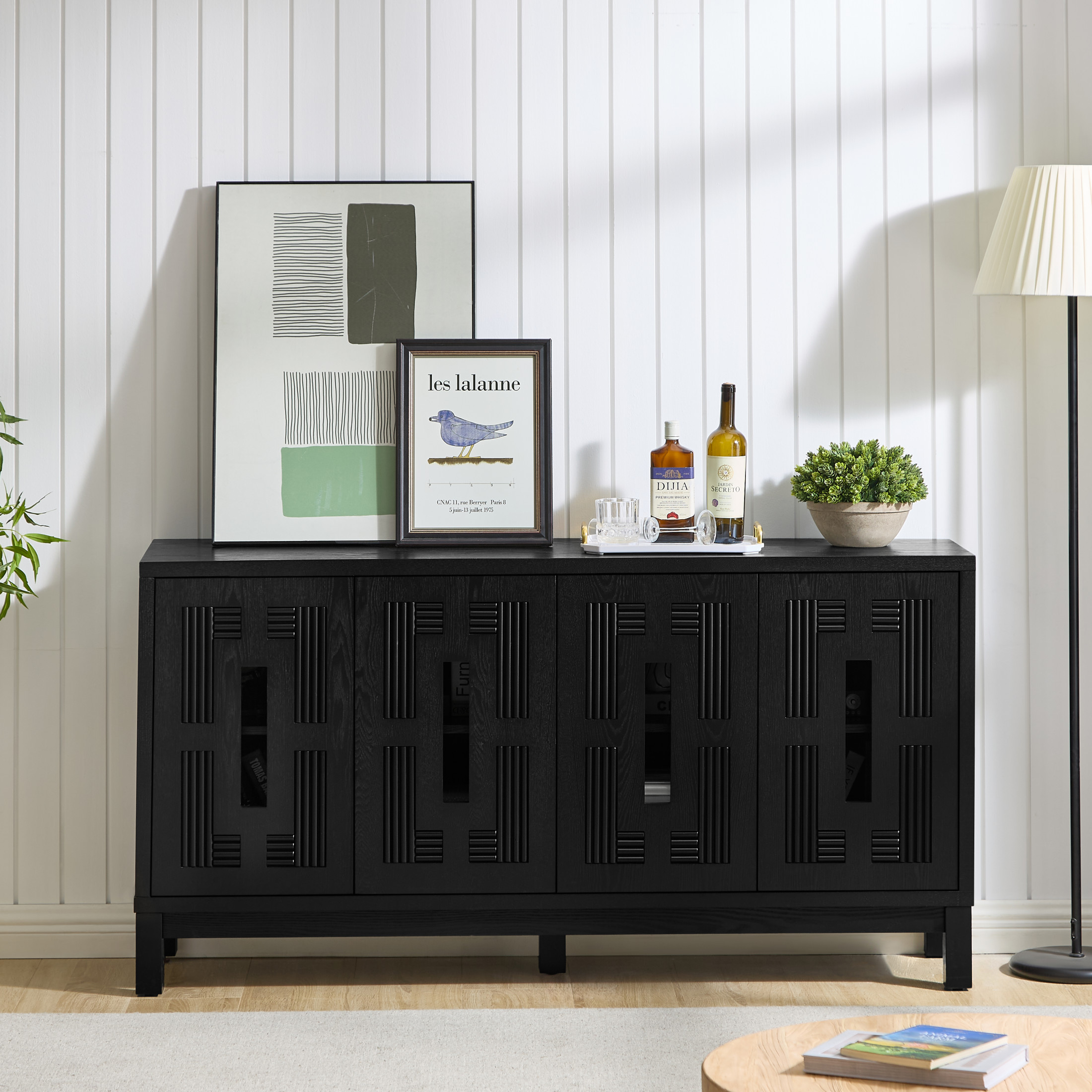 GDF Studio 60.7" Mid Century Modern Sideboard Cabinet with 4 Doors, Adjustable Shelves, Carved Openwork, Black