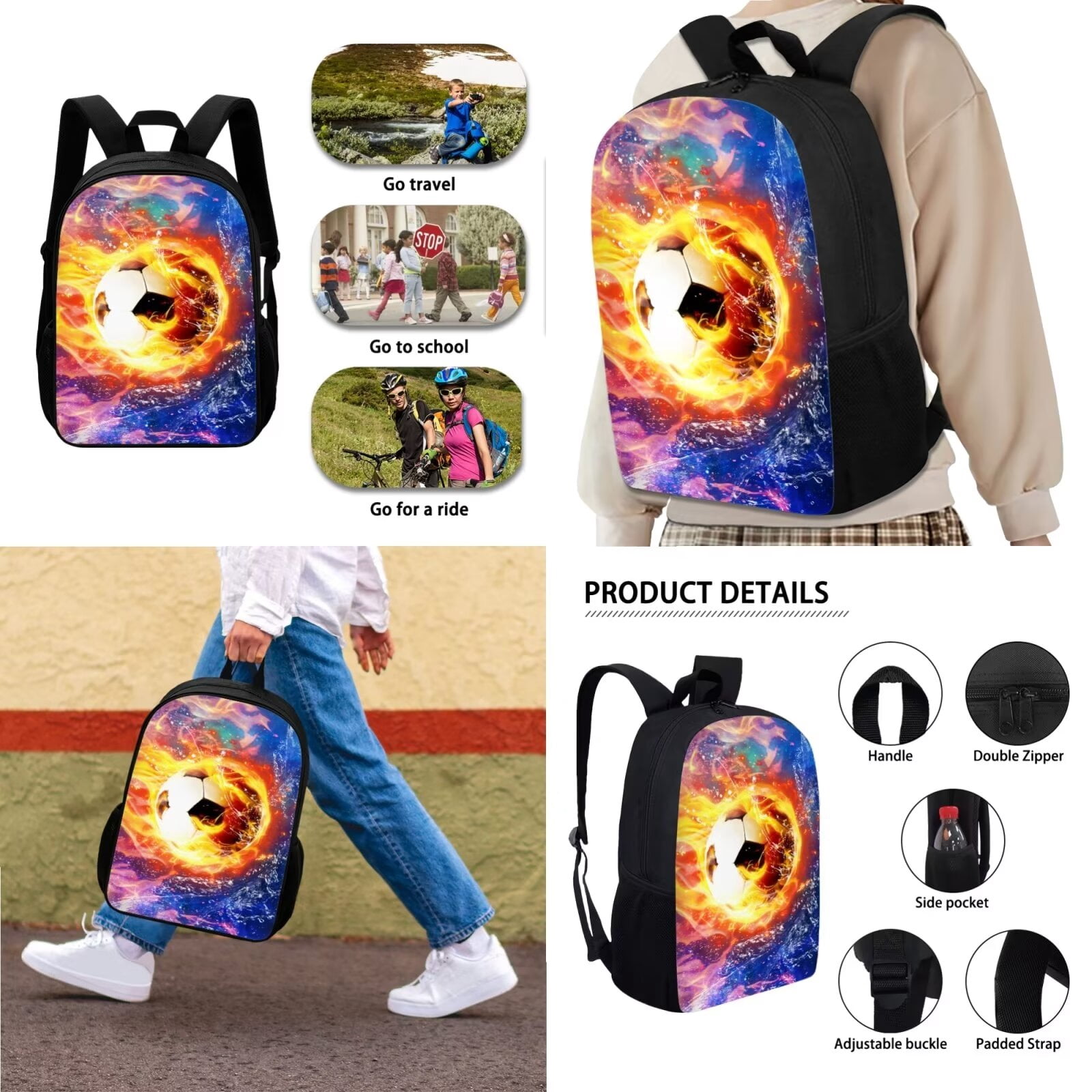 XYZCANDO Fire Soccer Splatter Water Print School Bag Set for Boys Girls, 17 Inch Backpack with Lunch Bag and Pencil Box Washable Rucksack Daypack with Side Pocket for Outdoor Hiking