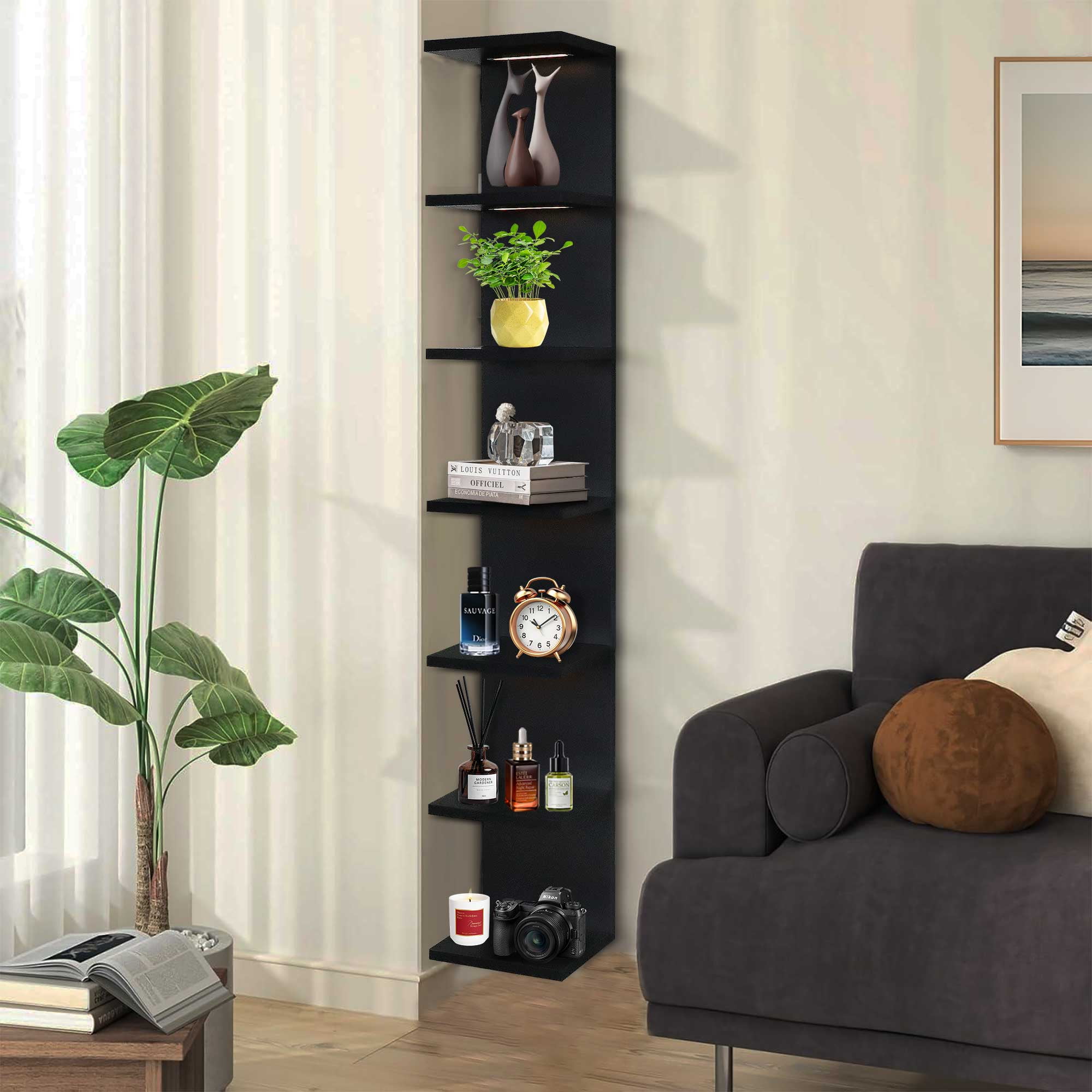 7-Tier Wall Shelf with 3 LED Lighting Modes, Multifunctional Wall Mounted Vertical Display Floating Shelf for Bedroom Living Room Vanity, Black