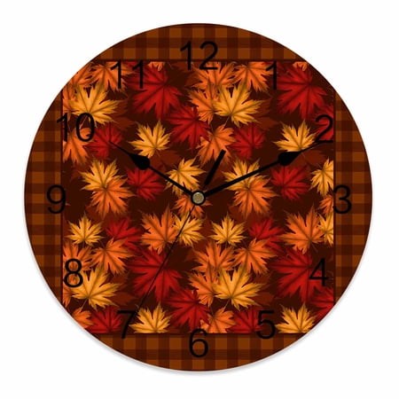 Wall Clock 10 Inch Fall Autumn Maple Leaf Round Silent Decorative Wall Clocks Battery Operated for Living Room Bedroom Kitchen Classroom Decor, Thanksgiving Orange Brown Plaid,Small