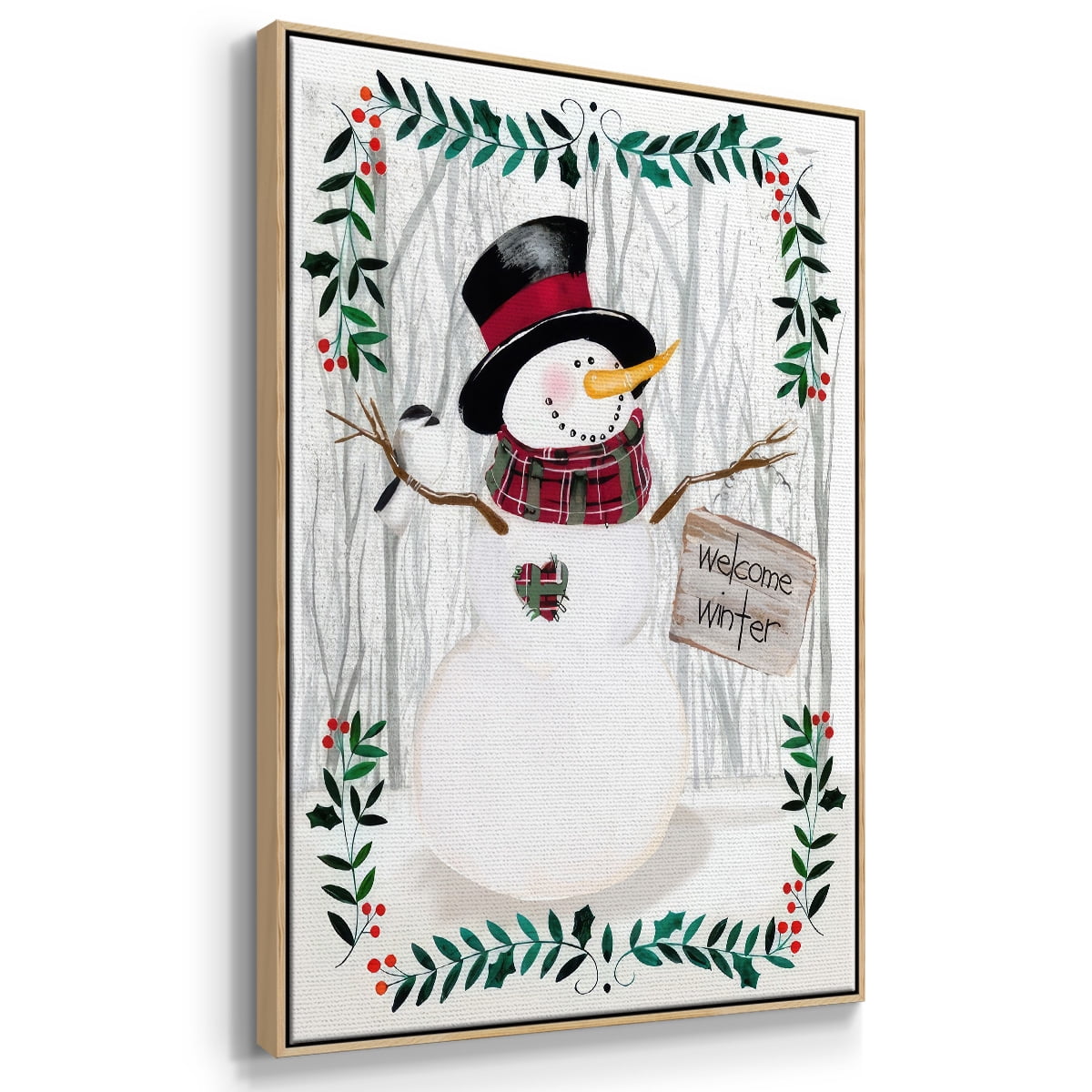 Folk Snowman Forest I - Framed Gallery Wrapped Holiday Canvas - 25 x 37 - Natural Wood Frame