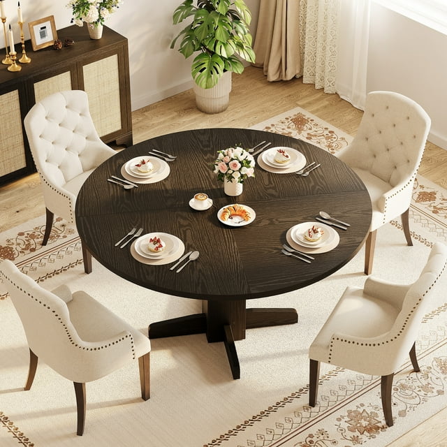 47-Inch Black Round Dining Table - Farmhouse Style Sturdy Pedestal Base, Seats 4-6 for Living Room/Apartment/Dining Room