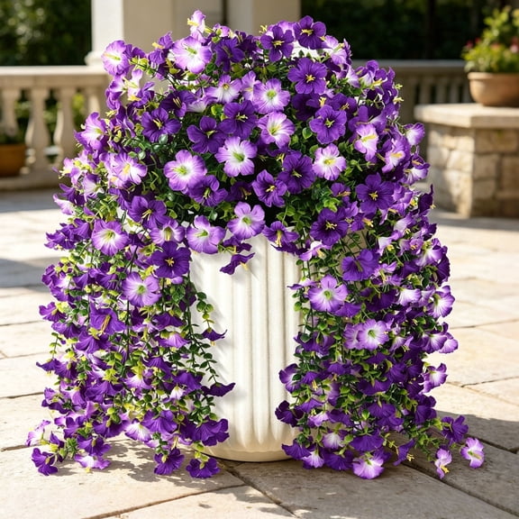 2 Pcs Artificial Hanging Morning Glory with Eucalyptus Leaves ,UV Resistant Faux Silk Flowers for Outdoor Spring Summer Decor, Porch Balcony Patio Garden