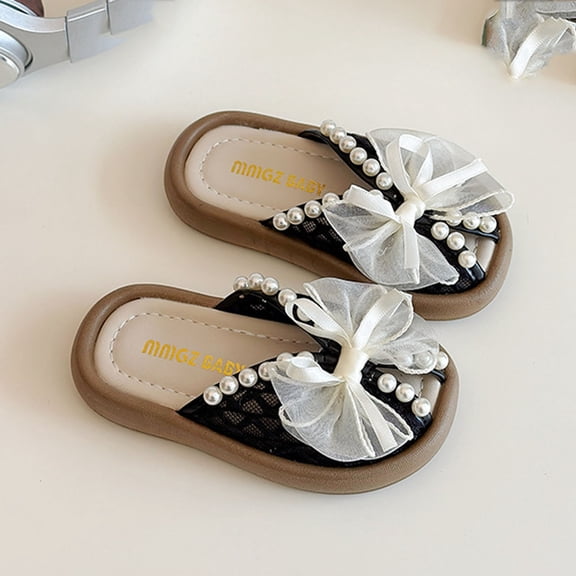 hengsof Girls' Solid Color Pearl Non Slip Soft Sole Summer Slippers, Everyday Outdoor Casual Flat Shoes, Fashionable Versatile Children's Sandals