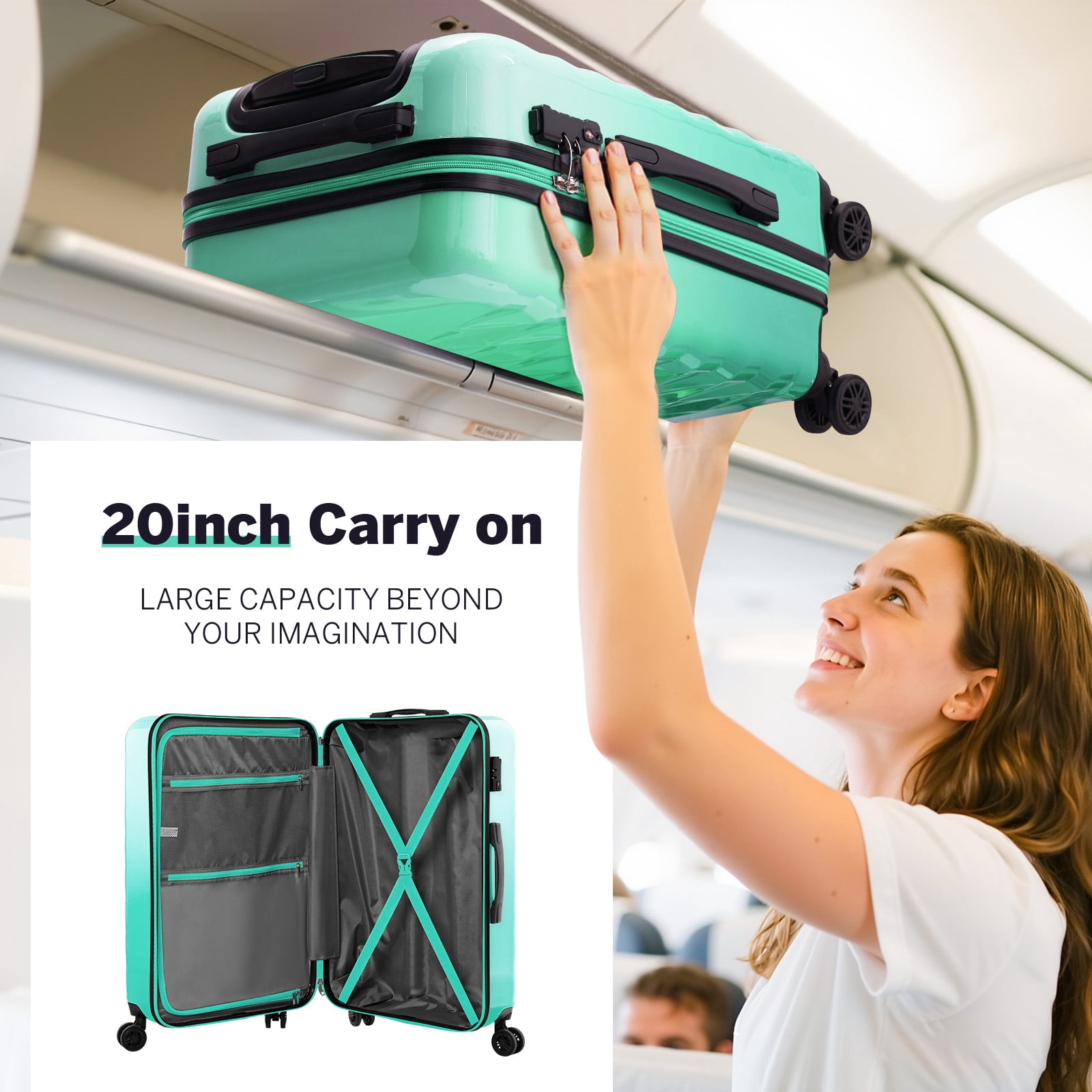 3 Piece Luggage Sets 20"/24"/28" ABS+PC Lightweight Hardshell Suitcase with Spinner Wheels and TSA Lock,Green