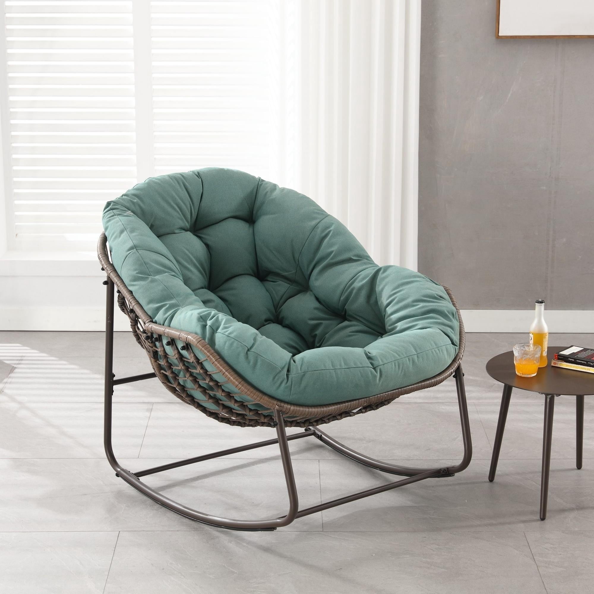 Sailvan Outdoor Rattan Rocking Chair,Oversized Wicker Egg Chair for Patio,Front Porch and Living Room Green