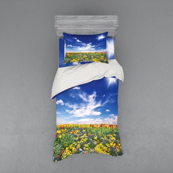 Ambesonne Colorful Bedding Set 3 Pcs, Flowers Cloudy Sky, Twin, Multicolor