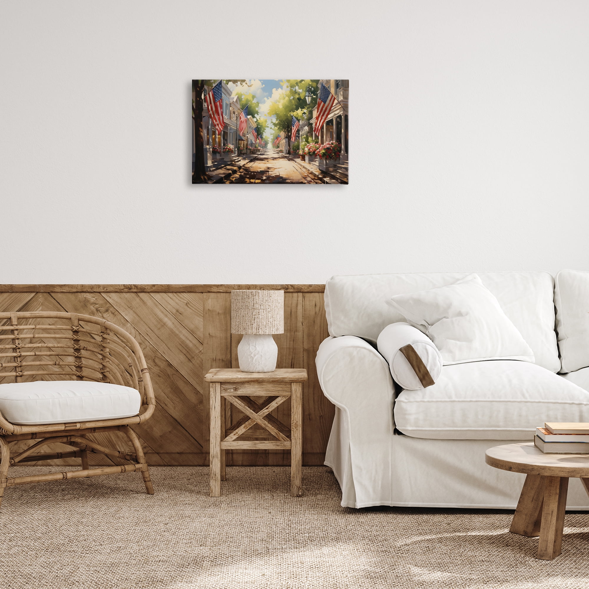 Stupell Industries American Flag Lined Street Scenic & Cityscapes Painting Wrapped Canvas Art Print Wall Art, 24 x 16