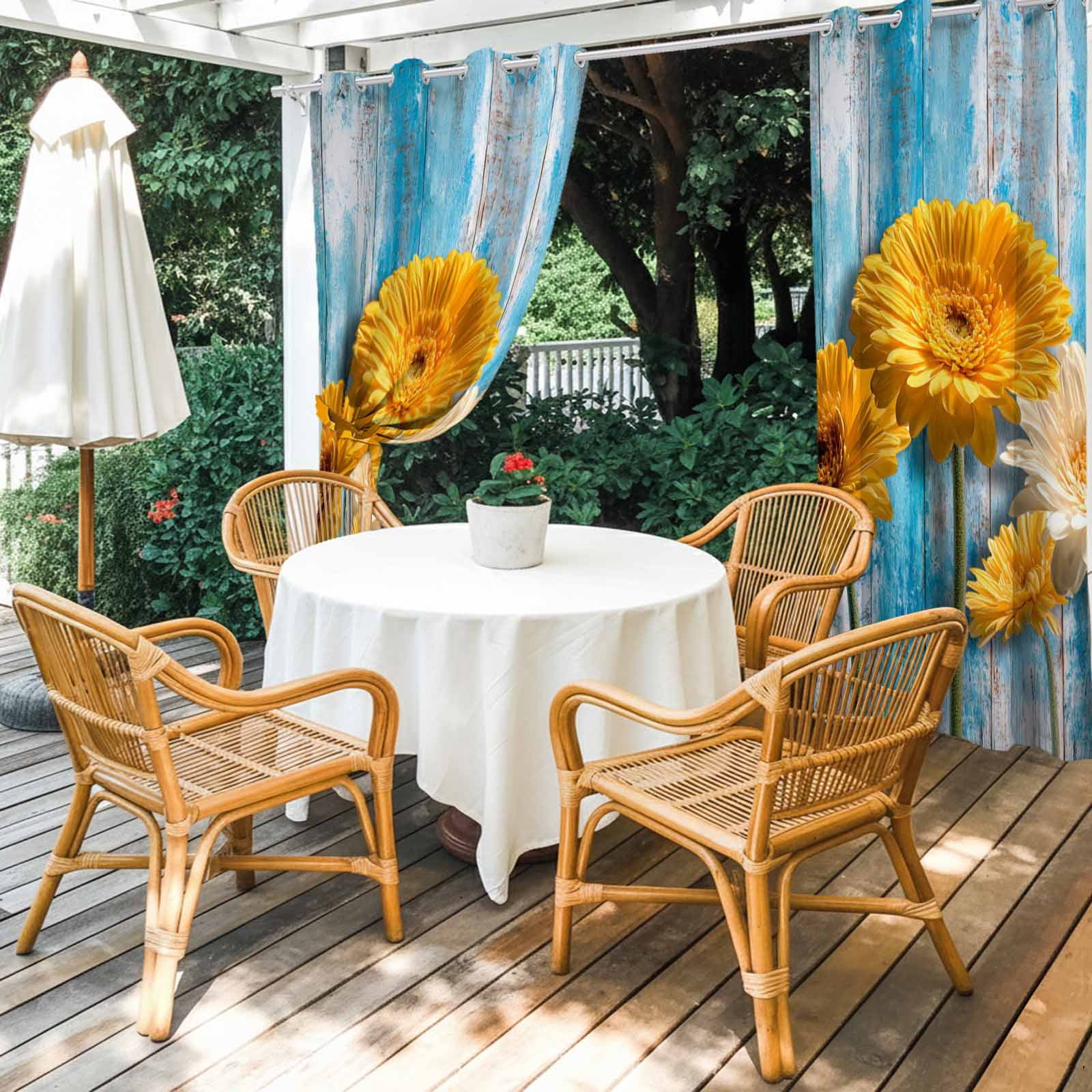 White and Yellow Daisy Outdoor Curtains for Patio, Minimalist Art Floral Blue Wood Grain Sunshade Privacy Drapes Grommet Waterproof Outside Curtains for Porch/Cabana/Balcony 54"x 108", 1 Panel