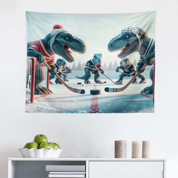 Ambesonne Dinosaur Wall Hanging Tapestry, T-Rex Playing Ice Hockey, 28"x23", Petrol Blue Pale Ruby