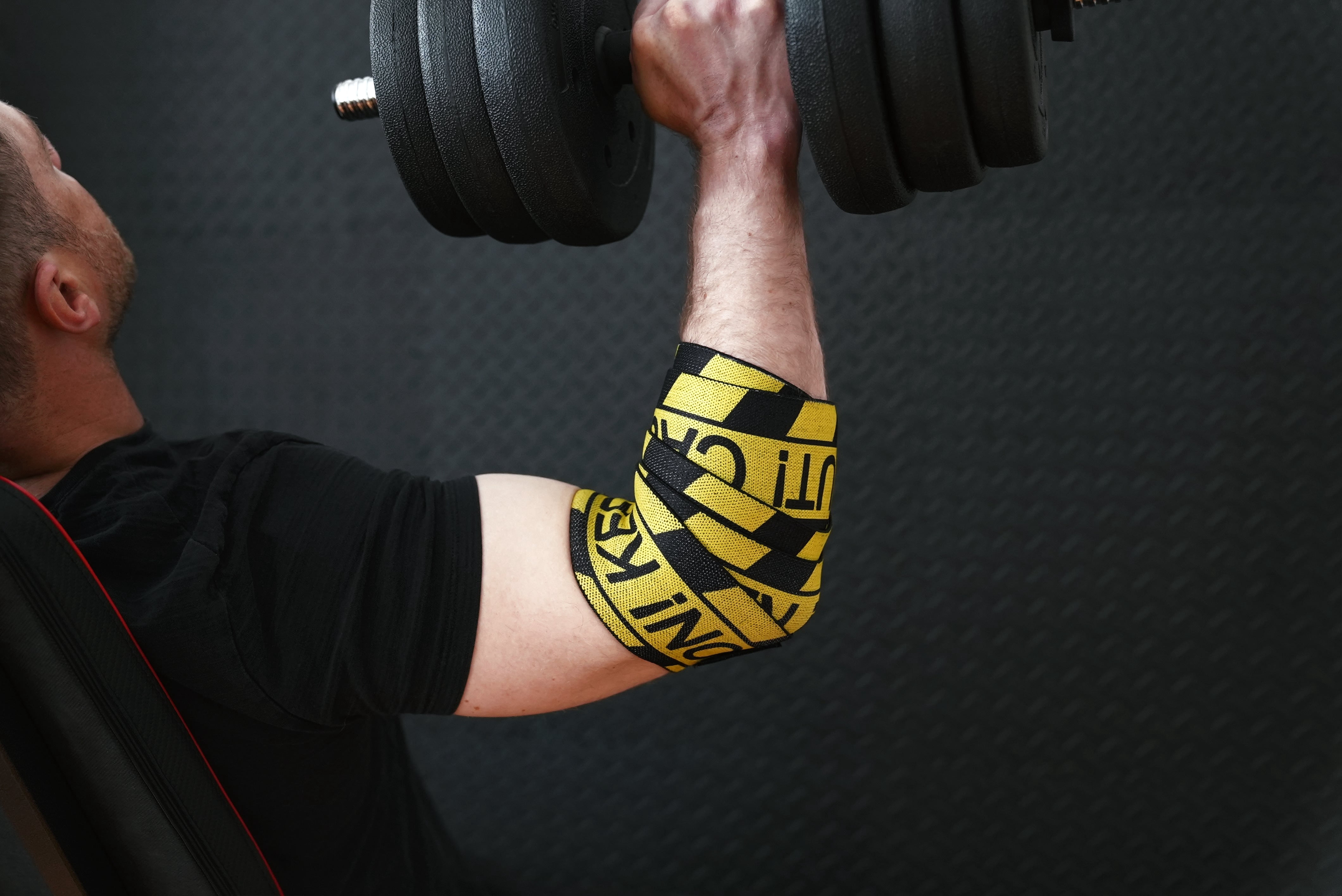 Bay Gear Co. Weightlifting Elbow Wraps (1 Pair) - Flexible Elbow Compression Strap & Joint Support Brace - For Bench Press, Powerlifting, Overhead Pressing and Heavy Lifts - Caution