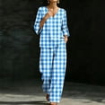 thumbnail image 6 of Mifsaly Lounge Wear for Women 2 Piece Set Plaid V Neck Bell Sleeve Top and Relaxed Wide Leg Pants Comfortable Everyday Casual Matching Outfits with Pockets Sky Blue,L, 6 of 7