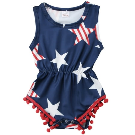 Baby Girls 4th Of July Outfits Sleeveles USA Flag Stars Tassel Romper Jumpsuit