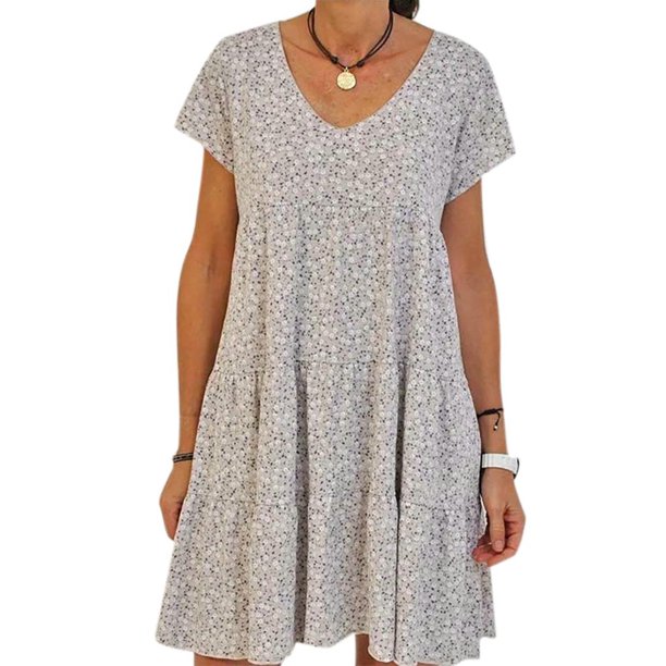 Lallc - Womens Plus Size Boho Short Sleeve Floral Dress Casual Loose Beach Mini Sundress 
