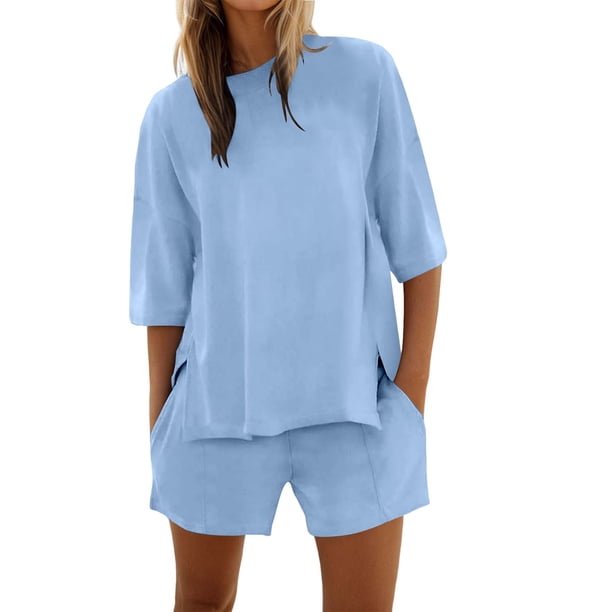 Conjunto de pantalones cortos y camiseta de manga media para mujer: conjunto de dos piezas oversize con cuello redondo para entrenar en verano
