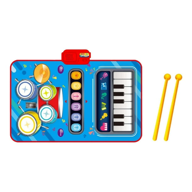 Tapete de piano para bebé educativo, portátil y sensorial, plegable, con 2 baquetas, 2 en 1 azul
