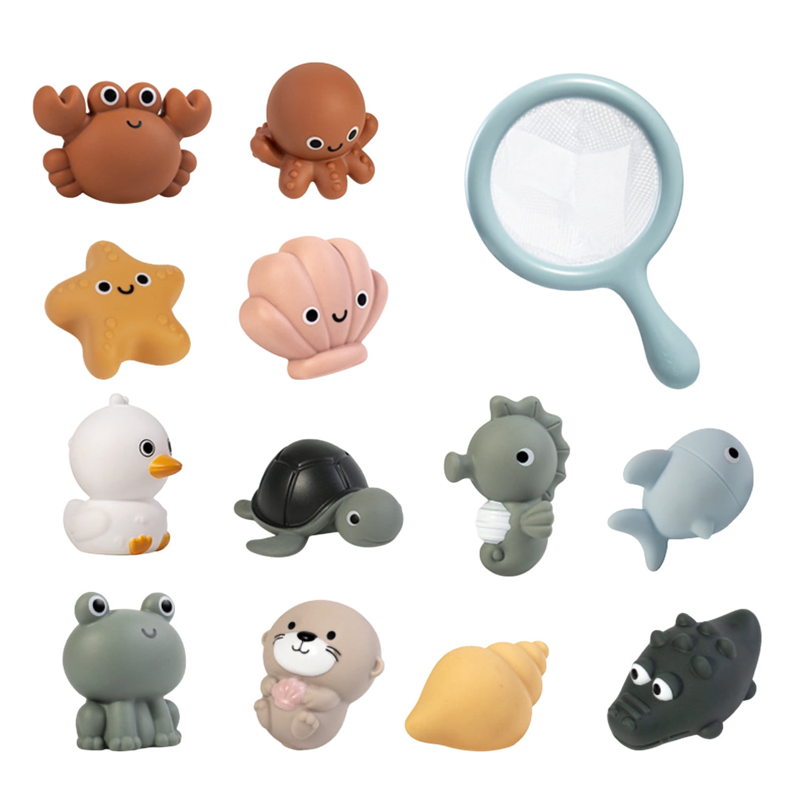 Squeeze Animal Squirt Toy And Shark Fishing Net Kids Bathroom Set, Toddlers Shower Time Distraction Interactive Water Table Play Routine, Non Toxic BPA Free Smooth Floating Sensory Games For Babies