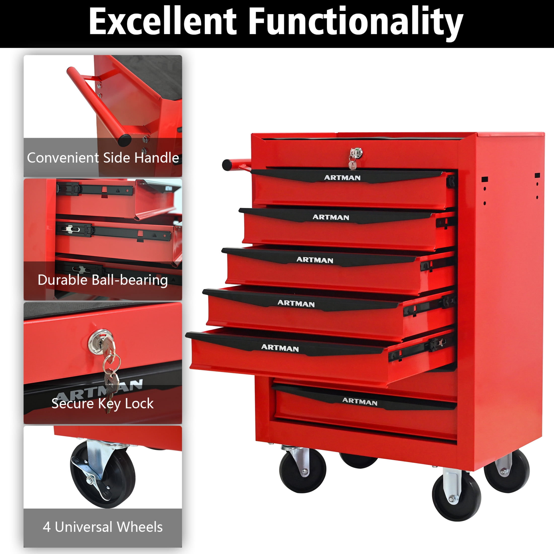 Noble House 7-Drawer Mobile Steel Tool Organizer with Key Lock, Ball Bearing Slide Storage Cabinet Box, Red