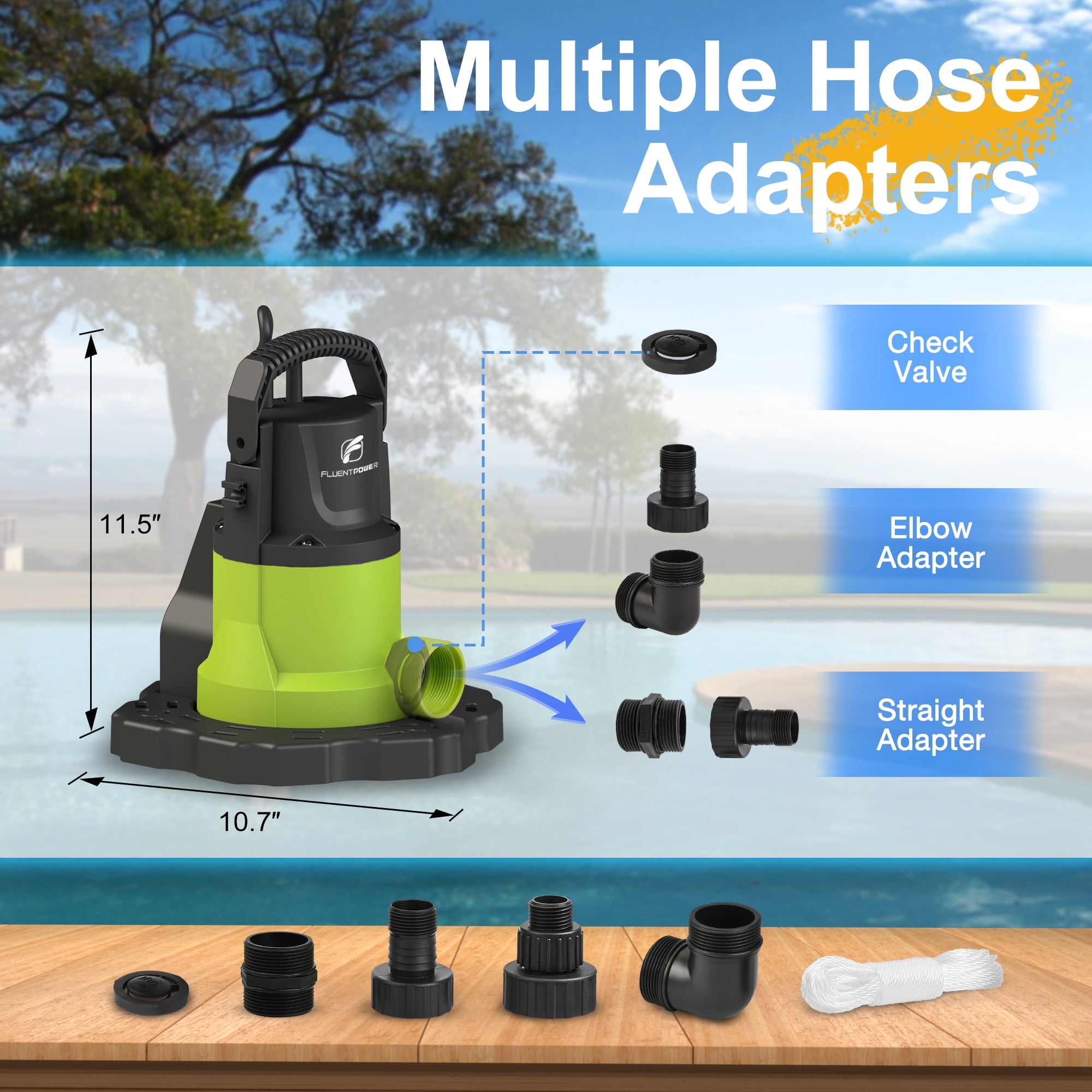 FLUENTPOWER Automatic Pool Cover Pump, 3/4HP 3400GPH Submersible Above Ground Water Removal Pump with Check Valve Adapter