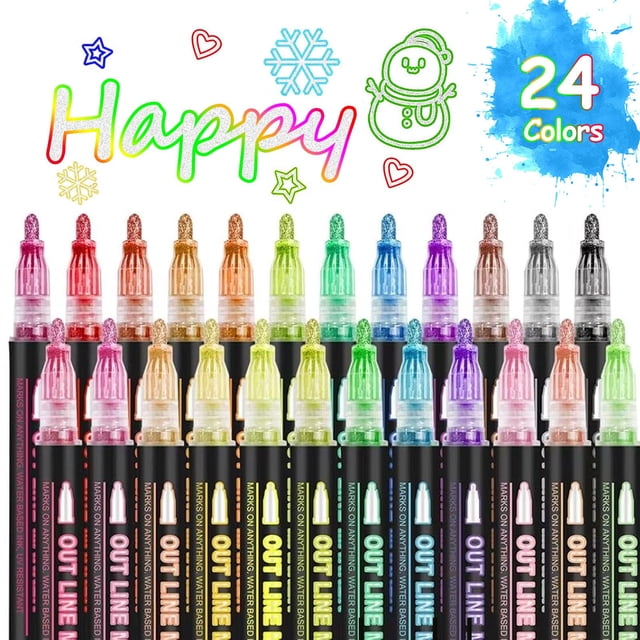 MARCADORES DE CONTORNO OUNIY, 24 colores, purpurina metálica, punta de 2 mm