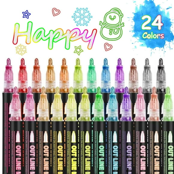 MARCADORES DE CONTORNO OUNIY, 24 colores, purpurina metálica, punta de 2 mm