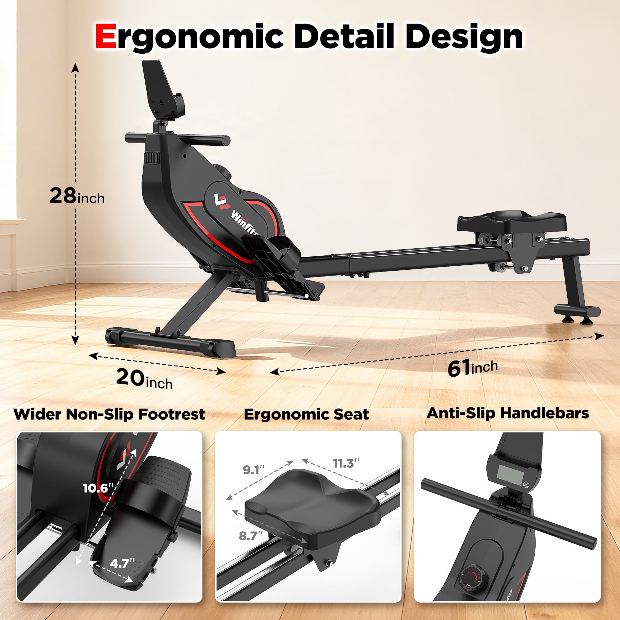 Winfita Magnetic Rowing Machine, 115LBS Max Resistance, 16 Levels, Home Gym Exercise, App Compatible, Tablet Holder, 350LB Capacity