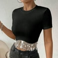 thumbnail image 3 of fatyb Womens Ribbed Crop Tops with Sequin Fringe Sparkly Short Sleeve Tshirts Round Neck Knit Tee Tops, 3 of 7