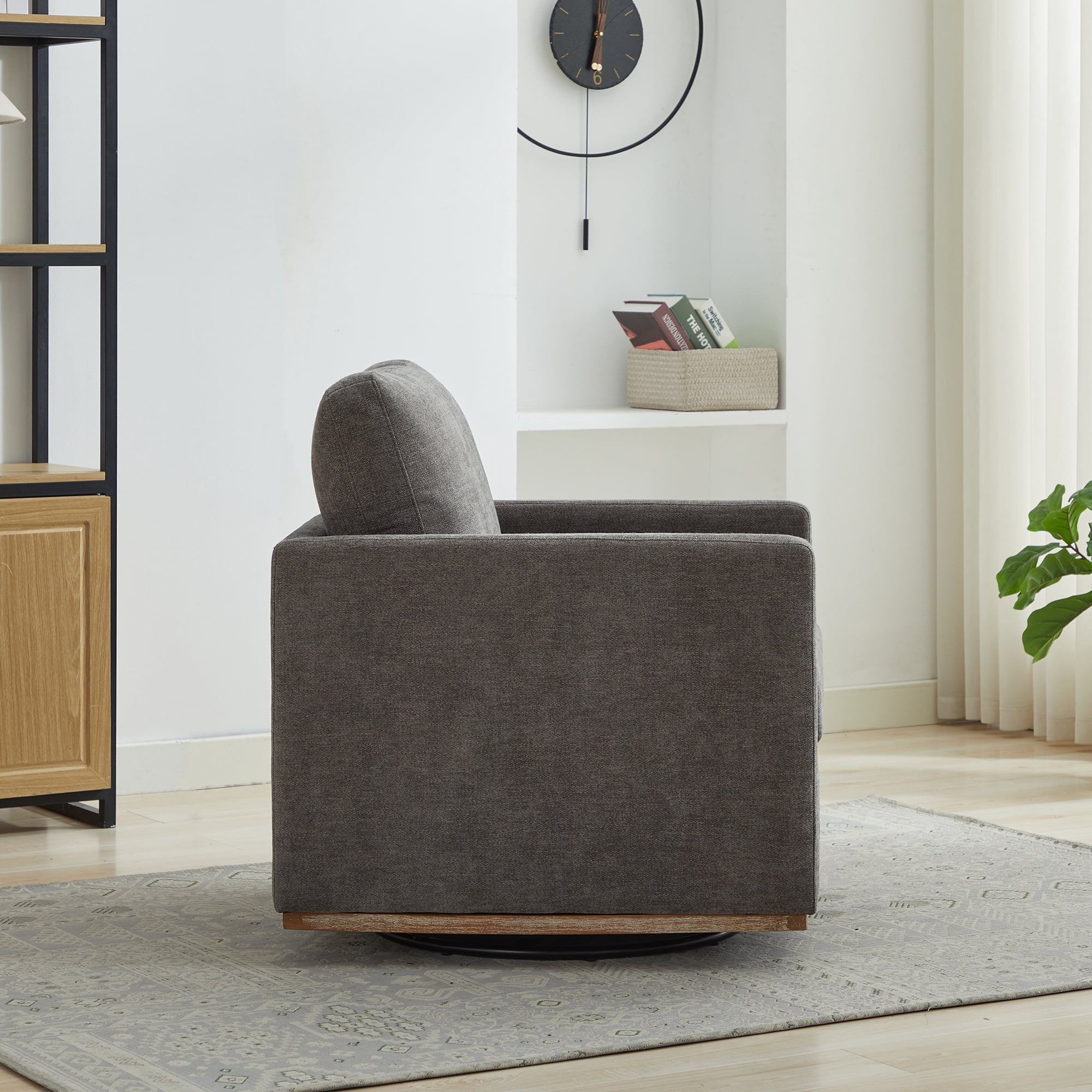 360° Swivel Accent Chair Chenille Arm Chair Upholstered Single Sofa Chair with Wooden Base,Club Lounge Reading Armchair for Living Room Bedroom Apartment,Charcoal