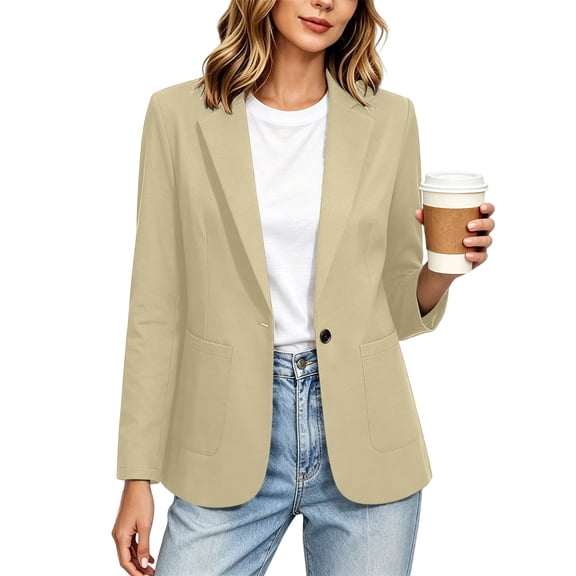 Women Business Blazer Casual Stylish Work Office Suit Jackets Long Sleeve Lapel V Neck Button Down Outwear With Pockets (XL, Khaki)