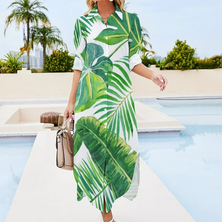 Tropical Leaves Casual Dress Hawaii Beach Modern Street Style