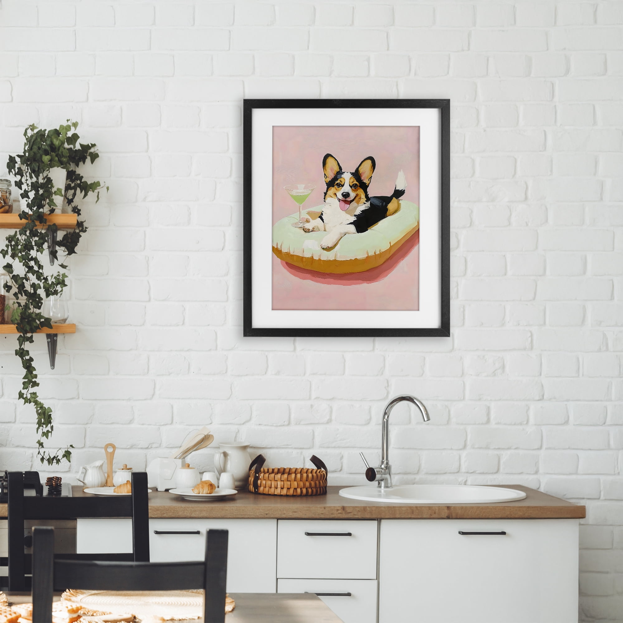 Stupell Industries Pastel Corgi with Cocktail Black Framed Print Under Glass, design by The Prints Vibe