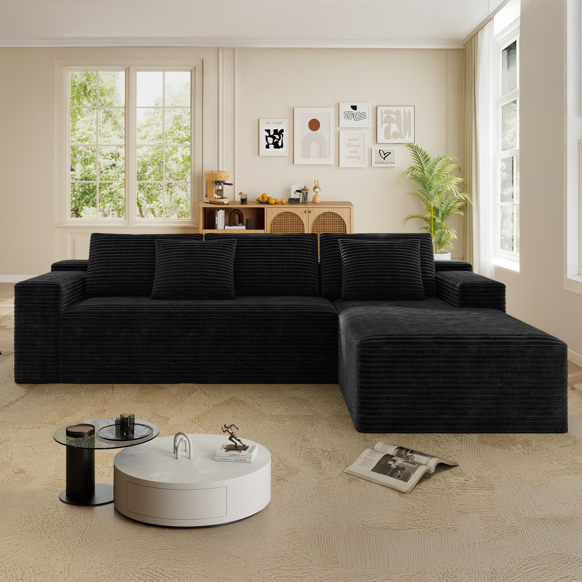 Lunale 104" Cloud Sectional Sofa with Right Chaise, Oversized Modular L-Shaped Couch, Plush Corduroy Sleeper Couch for Living Room, No Assembly Required, Black