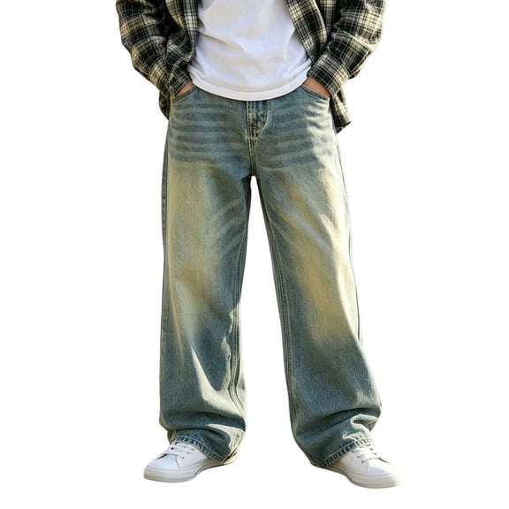 Zpanxa Boys Grey Acid Wash Baggy Jeans Loose Wide Leg Denim Pants Jeans for Boys Blue 15-16 Years