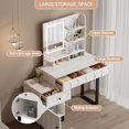 thumbnail image 3 of Modern Vanity Desk with Mirror and LED Lights, Small Makeup Set with Charging Station & Shelves, Dressing Table with Adjustable Cabinet & 3 Drawers Storage for Bedroom, White, 3 of 15