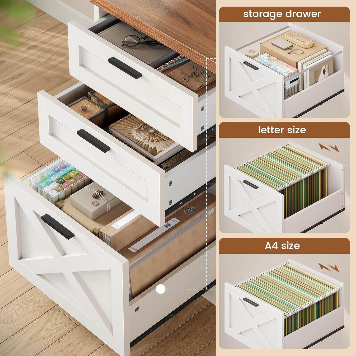 55.1" Farmhouse Desk with 3 Drawers & Open Shelves, Home Office Desk with Power Outlets & File Drawer, Wood Desk with Ample Storage, Computer Desk for Bedroom, White & Brown Top