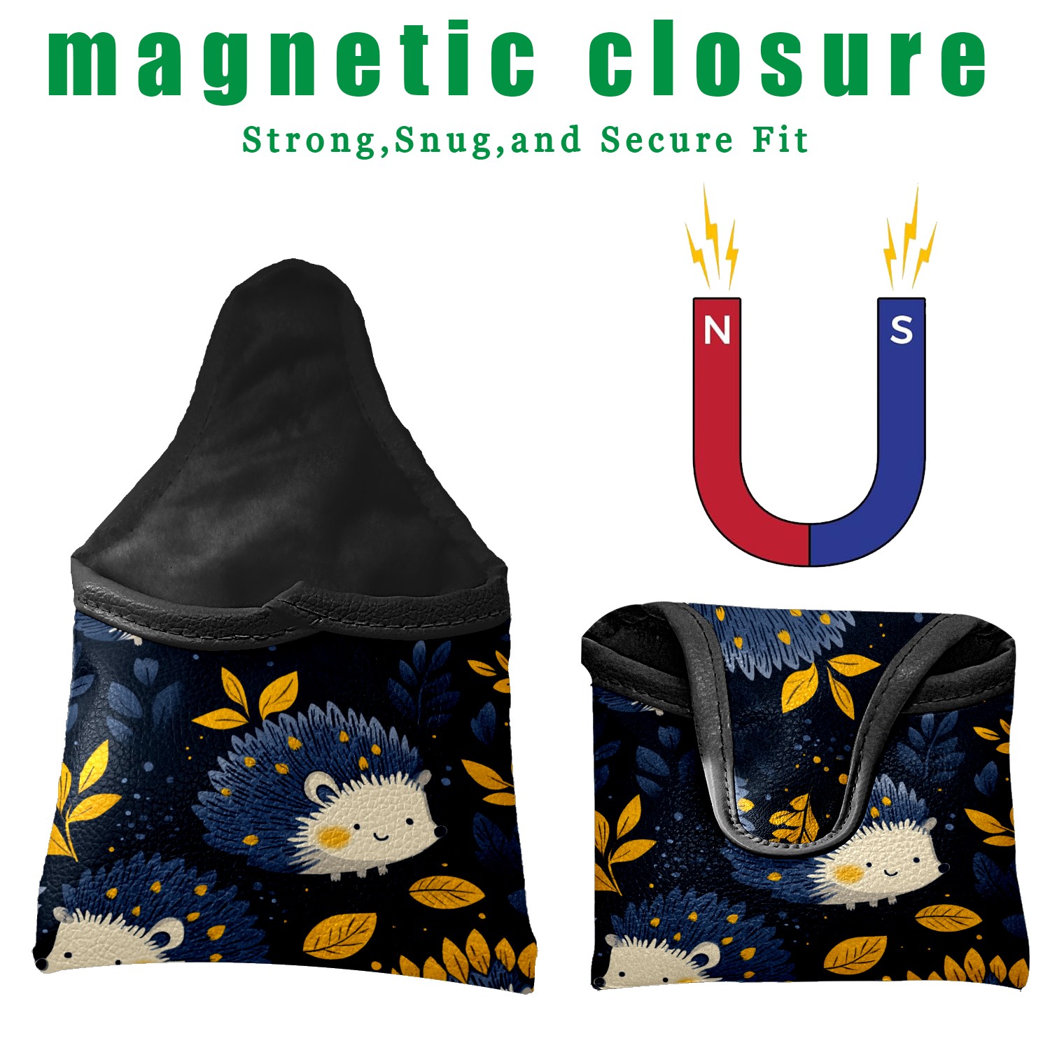Golf Mallet Putter Cover Premium Leather Waterproof Golf Putter Head Cover with Magnetic Closure Cartoon Hedgehog