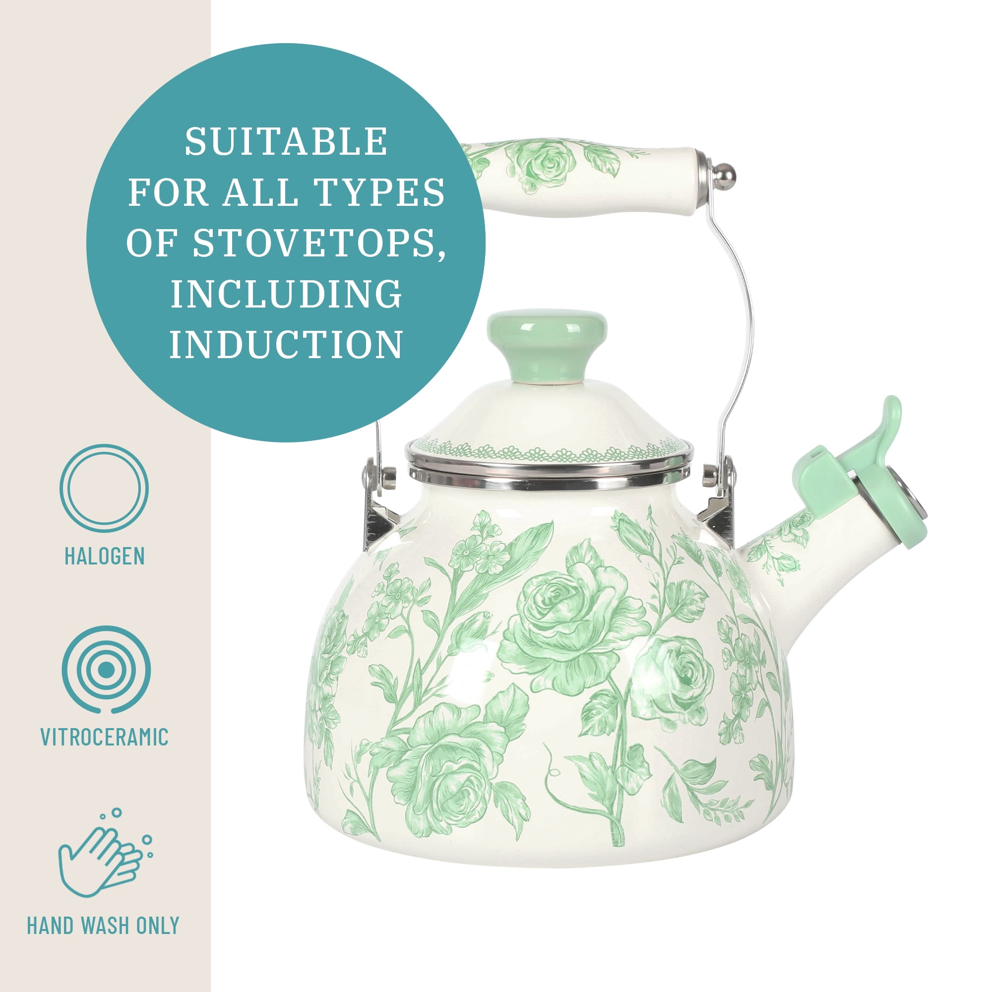 The Pioneer Woman Agatha 2.0-Quart Enamel on Steel Whistling Tea Kettle, Green