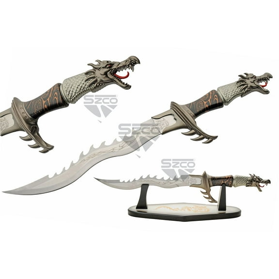 SZCO 24" Dragon Fang Fantasy Sword Stainless Steel Short Sword  with Jagged Spine For Display.