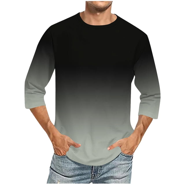 Camisas de Lino para Hombres Impresión Cuello Redondo Casual 3/4 Manga Blusa, Mezcla de Lino de Algodón para Primavera Verano Ocio Y Tops Diarios
